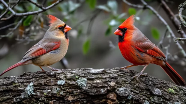 A female and male cardinal framed side by side on an old tree trunk.