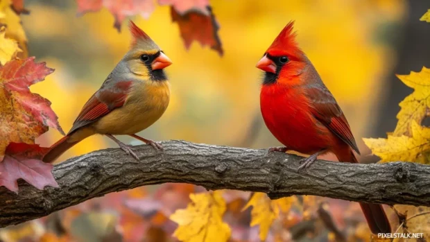 A female and male cardinal resting together on a curved branch surrounded by autumn leaves.