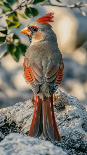 A female cardinal captured from behind as she looks into the horizon, designed for a cardinal bird background for phone.