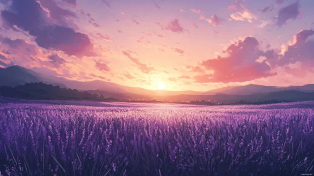 A field of lavender under a serene sunrise wallpaper aesthetic.