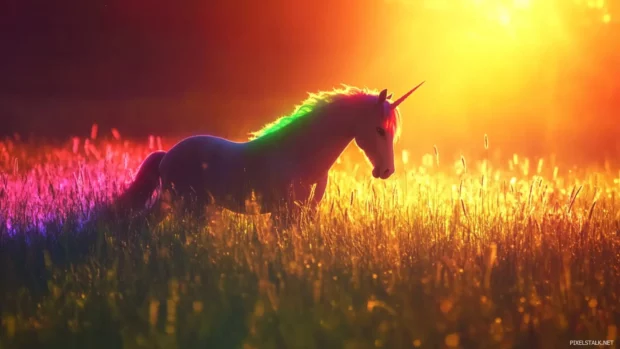 A field of tall grass lights up in rainbow hues as the unicorn passes by.