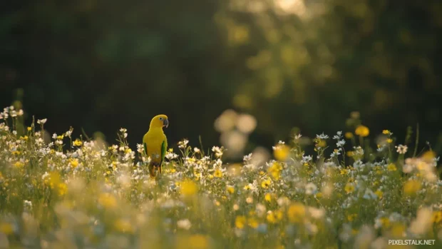 A field of wildflowers with a yellow parrot, glowing in sunrise.