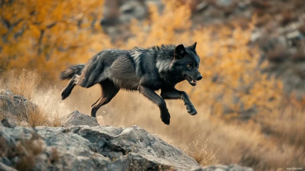 A fierce black wolf sprints across a high rocky trail while wind whips through its fur.