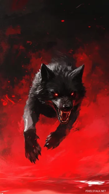 A fierce black wolf with glowing claws charging through red mist.
