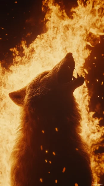 A fierce flaming wolf howling through a vertical firestorm.