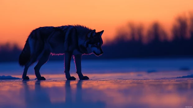 A fierce shadow wolf prowls the edge of a frozen lake as dusk settles.