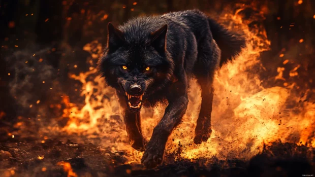 A fierce snarl as a black wolf rushes through smoke and fire with motion blur.