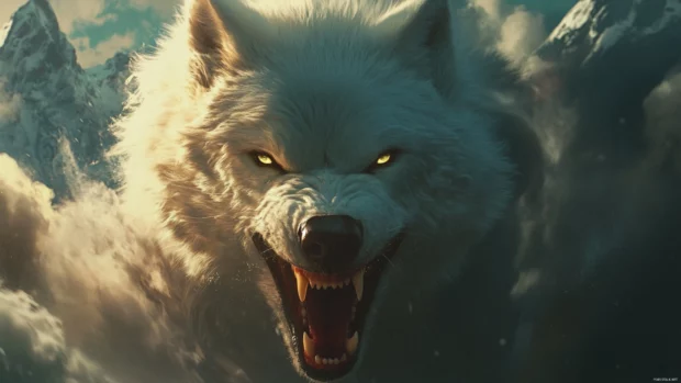A fierce white wolf growling against snowstorm winds in high mountains.