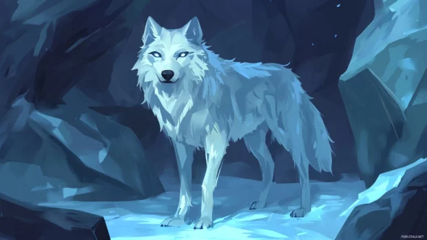 A fierce white wolf standing in the middle of an ice cave with glowing blue reflections.