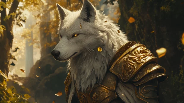 A fierce white wolf with golden armor guarding an enchanted forest.