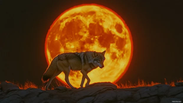 A fiery red moon rises behind a wolf walking across a windy ridge.