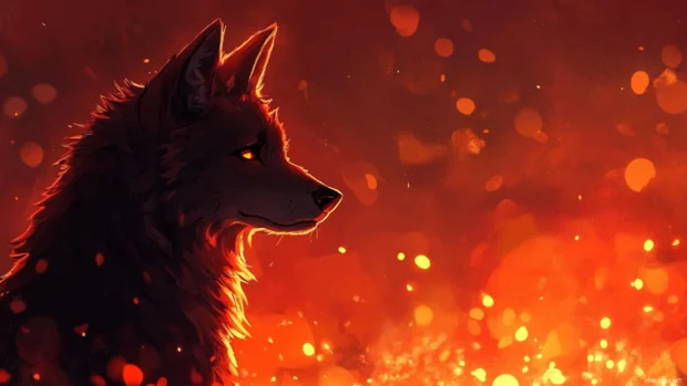 A fiery red wolf looking calmly across a horizon with glowing embers in the air.