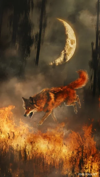 A fiery red wolf running through smoke filled woods under a crescent moon.