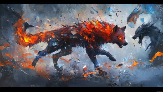 A fiery red wolf walks through a realm of shattered glass and dragons.