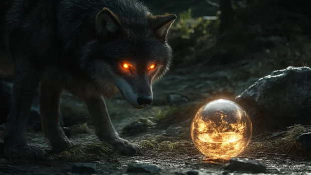 A fire eyed wolf staring down a glowing orb floating in front of it.