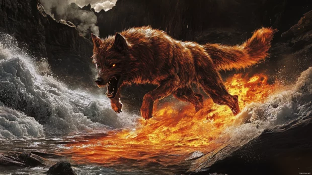A flaming wolf leaps between two collapsing cliffs with magma below.