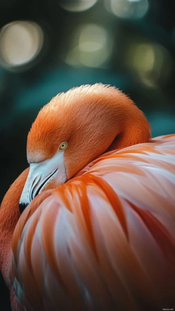 A flamingo resting with its head tucked under its wing, soft light around.