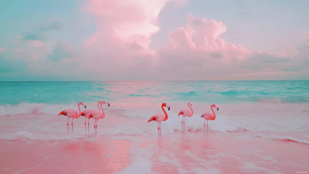 A flamingo scenic wallpaper with birds in pink salt flats under a soft sky.