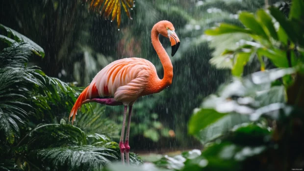 A flamingo standing calmly in the rain, droplets bouncing off its feathers as mist surrounds the scene.