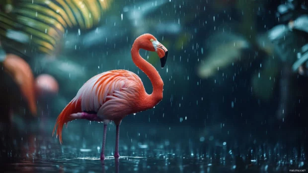 A flamingo standing calmly in the rain, droplets bouncing off its feathers as mist surrounds the scene.