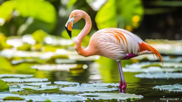 A flamingo wallpaper featuring lily pads and water reflections.