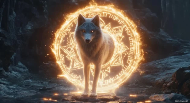 A floating 3D wolf surrounded by runes hovers in a minimalist, glowing cave setting.