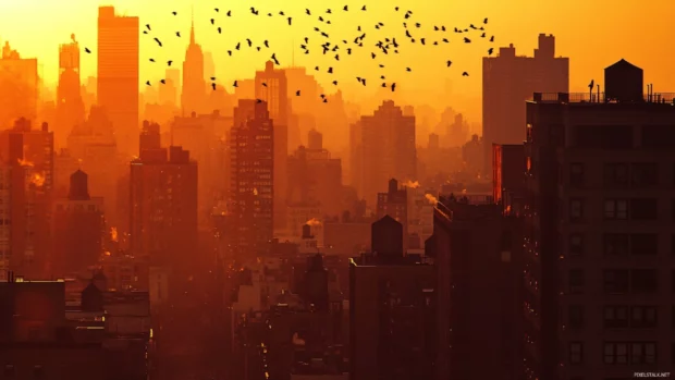 A flock of birds glides above New York rooftops in the early orange light.