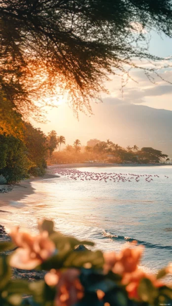 A flock of flamingos bathed in gentle sunrise light at a tranquil bay’s edge.