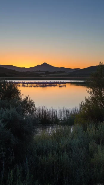A flock of flamingos gathering at a tranquil bay, sunrise casting soft light.
