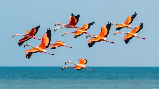 A flock of flamingos soaring above the shoreline, perfect for wallpaper.