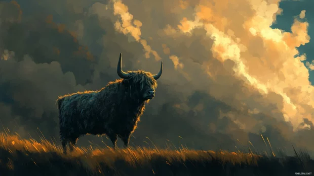 A fluffy Highland cow standing under a dramatic cloudy sky.