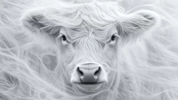 A fluffy Highland cow with windswept bangs in this Fluffy Highland cow photo background.