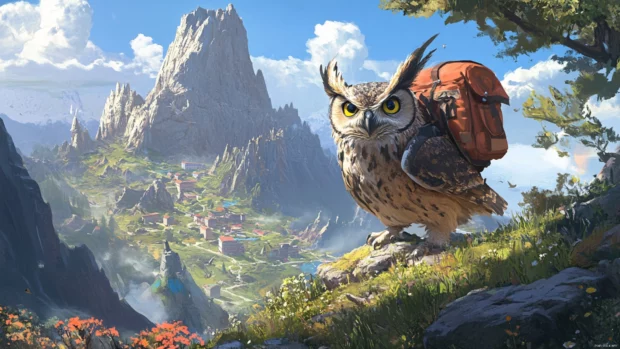 A fluffy owl with a tiny backpack wandering across a hand painted hillside.