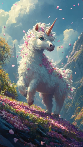 A fluffy unicorn covered in flower petals rolling down a hill.