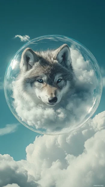 A fluffy wolf pup floating inside a bubble, bouncing over clouds.