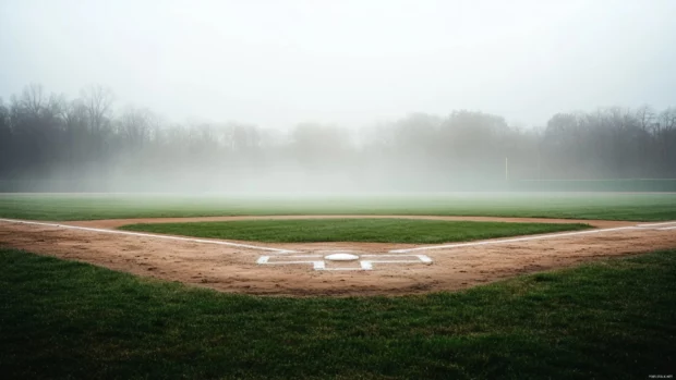 A fog covered baseball field in the early morning, soft mist rolling over the infield and outfield .
