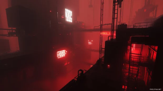 A foggy Cyberpunk skyline with neon elements and towering architecture in a heavy atmosphere.