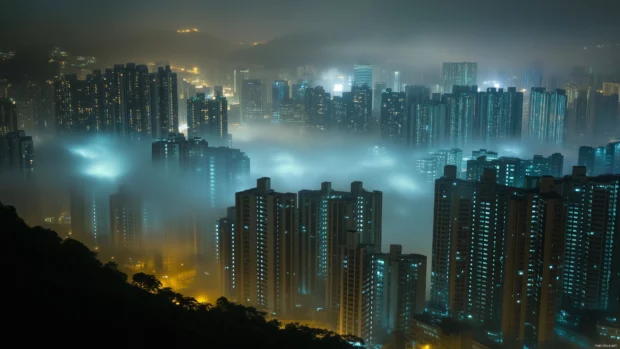 A foggy city night with skyscrapers partially obscured by mist, illuminated by soft glowing lights.