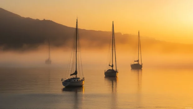 A foggy morning bathed in golden calm.