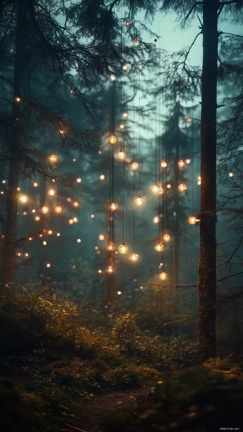 A forest illuminated by soft fairy lights hanging from trees, creating a magical and tranquil nighttime scene.