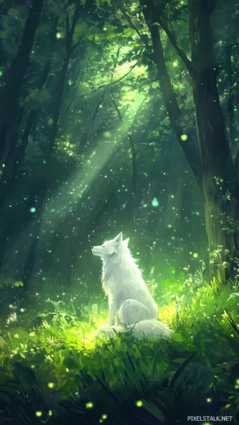 A forest scene where a translucent wolf spirit glows faintly above the grass.