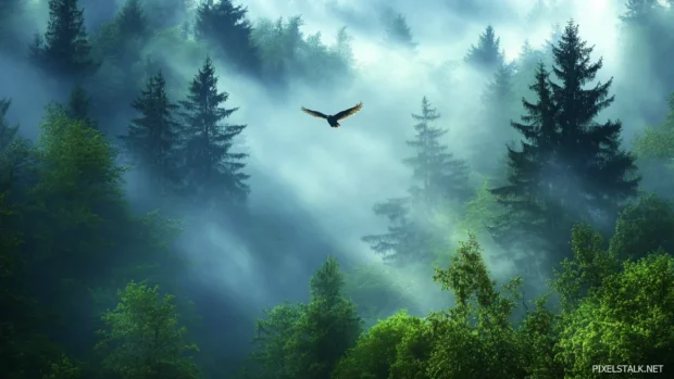 A forest scene with shafts of light cutting through fog as an owl soars between trees.