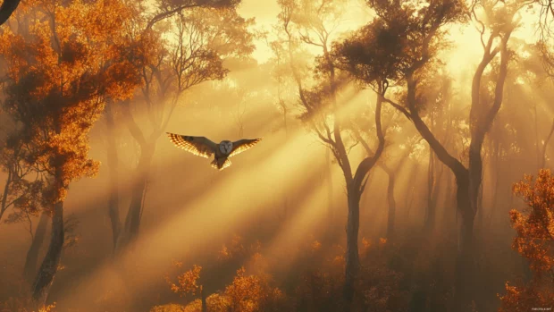 A forest scene with shafts of light cutting through fog as an owl soars between trees.