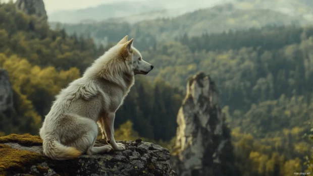 A forested mountain slope opens up to reveal a lone white wolf watching from afar.