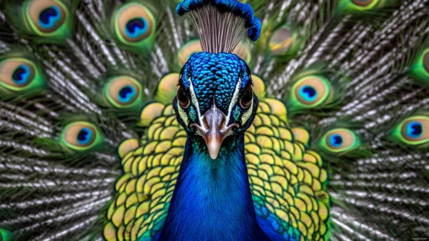 A frontal image of a peacock staring directly at the viewer, tail in full spread behind.