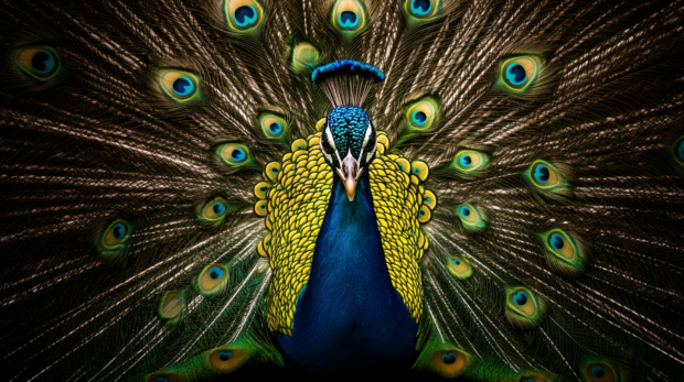 A frontal image of a peacock staring directly at the viewer, tail in full spread behind (3).