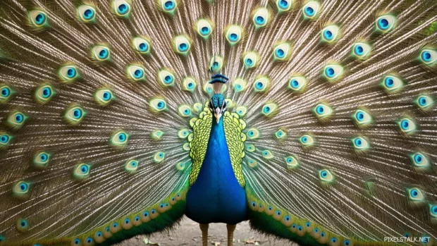 A frontal image of a peacock staring directly at the viewer, tail in full spread behind.