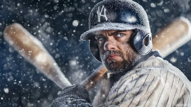 A frozen baseball player, ice covered uniform and bat, steam rising from their breath in a winter stadium.