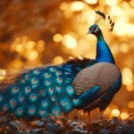 A full fan of iridescent feathers shimmering under golden sunlight in a lush garden.