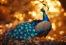 A full fan of iridescent feathers shimmering under golden sunlight in a lush garden.